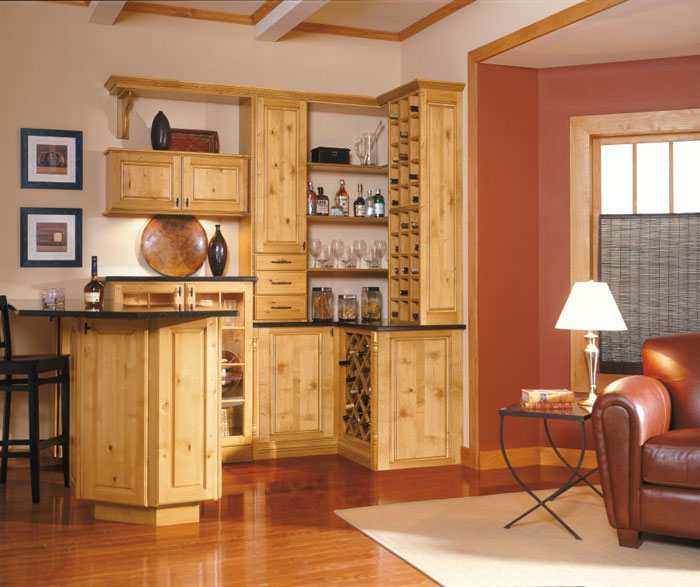 Rustic alder Carson cabinets in kitchen/bar area