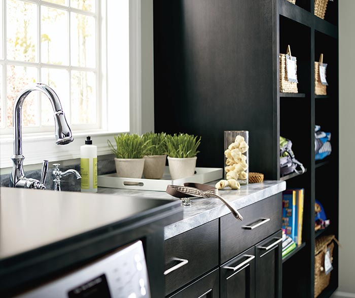 Close-up of Leeton dark grey laundry cabinets