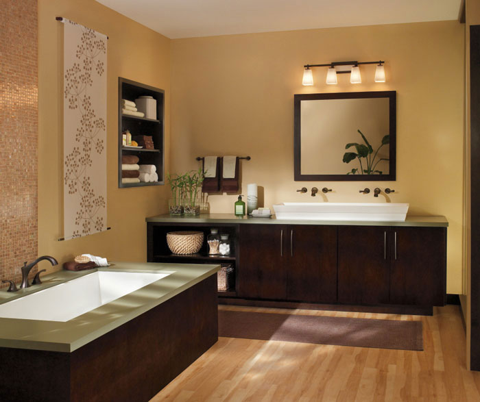 Contemporary bathroom design in dark cherry finish by Diamond Cabinetry