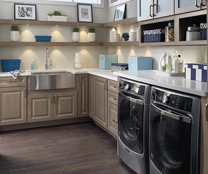 laundry room featuring davis cabinets in maple seal and open shelving
