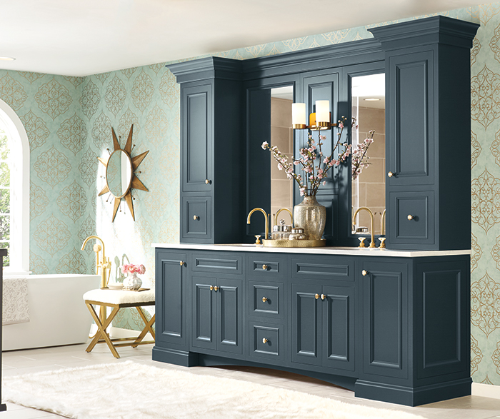 dark navy blue vanity and bathroom storage cabinets with jack and jill sinks