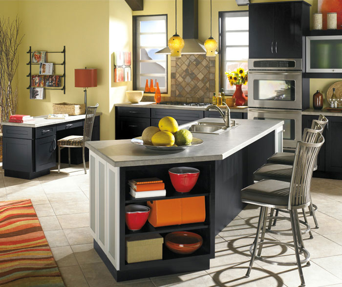 contemporary black kitchen cabinets with matching desk and accent doors