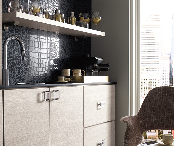 Contemporary wet bar cabinets in a specialty laminate finish
